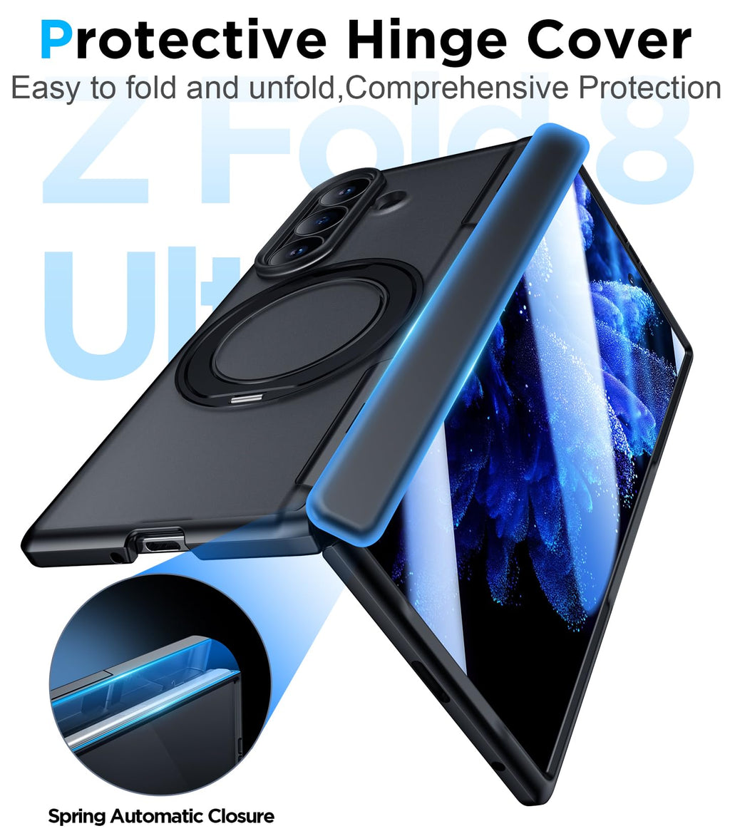 Temdan for Samsung Galaxy Z Fold 8 Ultra Case,[360°Rotatable Magnetic O-Ring Stand & HD Screen Protector][Compatible with MagSafe] Translucent Matte Shockproof Phone Case for Z Fold 8 Ultra,Black