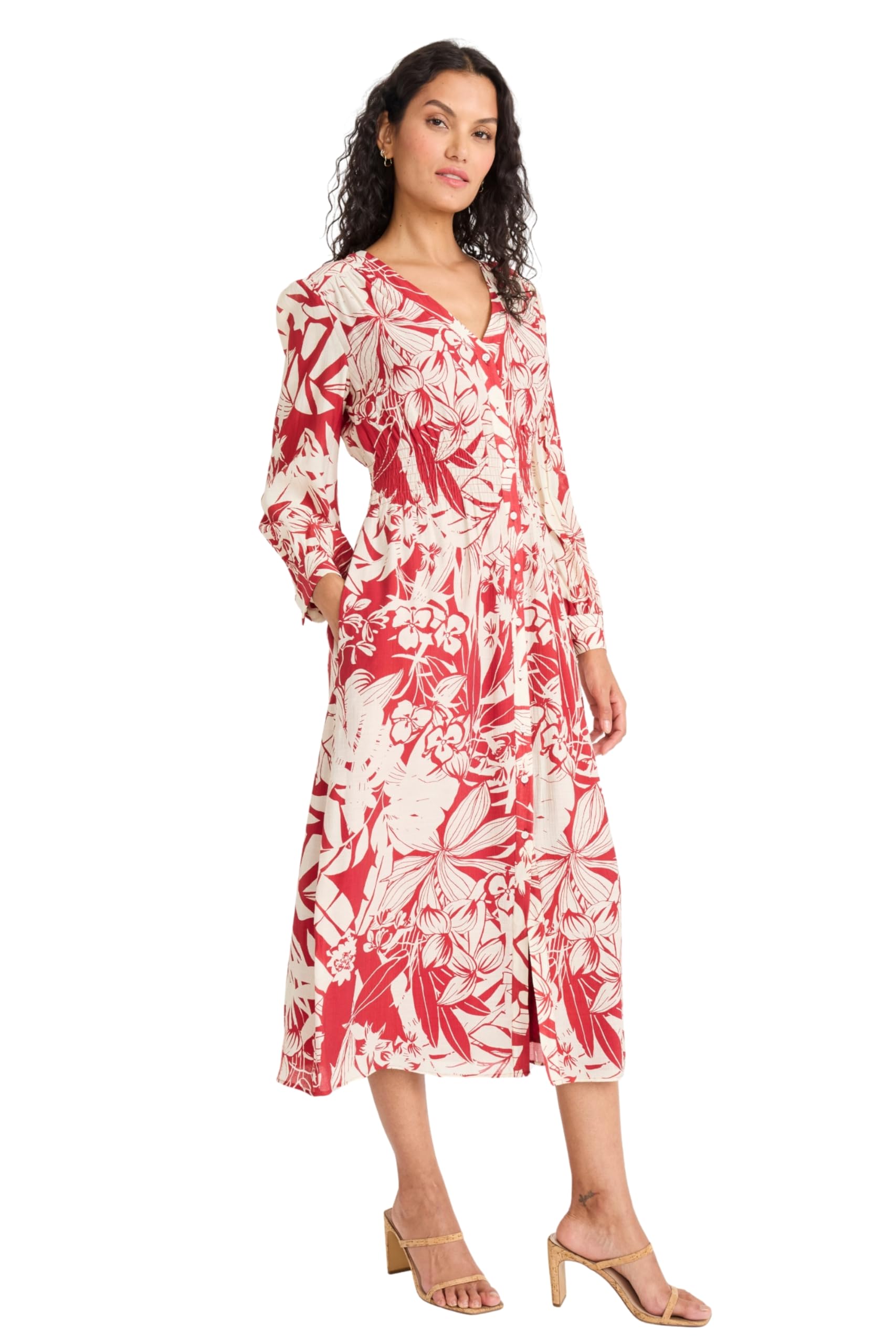 Maggy London - Women's Tropical Floral V-Neck Long Sleeve Midi Dress with Pockets for Wedding Guest & Spring Events - Small