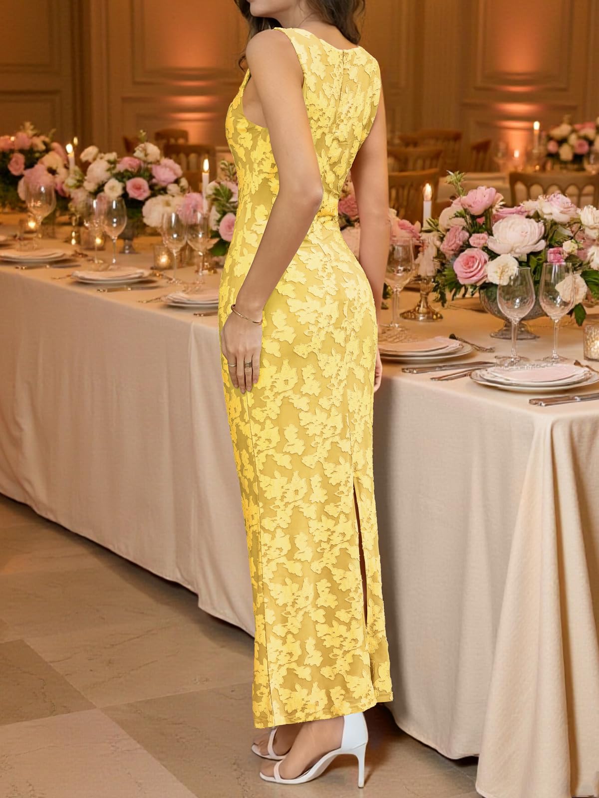 Wenrine Womens Summer Floral Maxi Dress Mesh Sleeveless Tank Dresses Slit Bodycon Party Cocktail Wedding Guest Dress Yellow