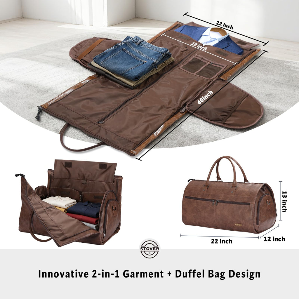STOVER Garment Travel Duffle Bag, Large 2-in-1 Convertible Carry-on Luggage for Men & Women- Hanging Suits, Dresses & Clothes + Shoe Compartment- Weekender Tote Combo Duffel (Brown Leatherette)