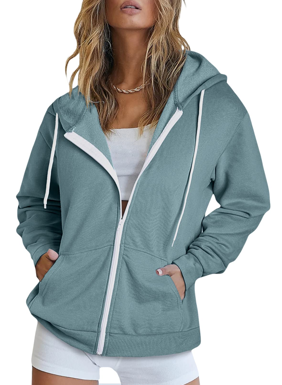 Dokotoo Women's Fall Plus Size Full Zip Up Hoodies Long Sleeve Solid Oversized Hooded Sweatshirts Pockets Jacket Coat for Women Teen Girls 2025 Fashion Casual Sky Blue XXLarge