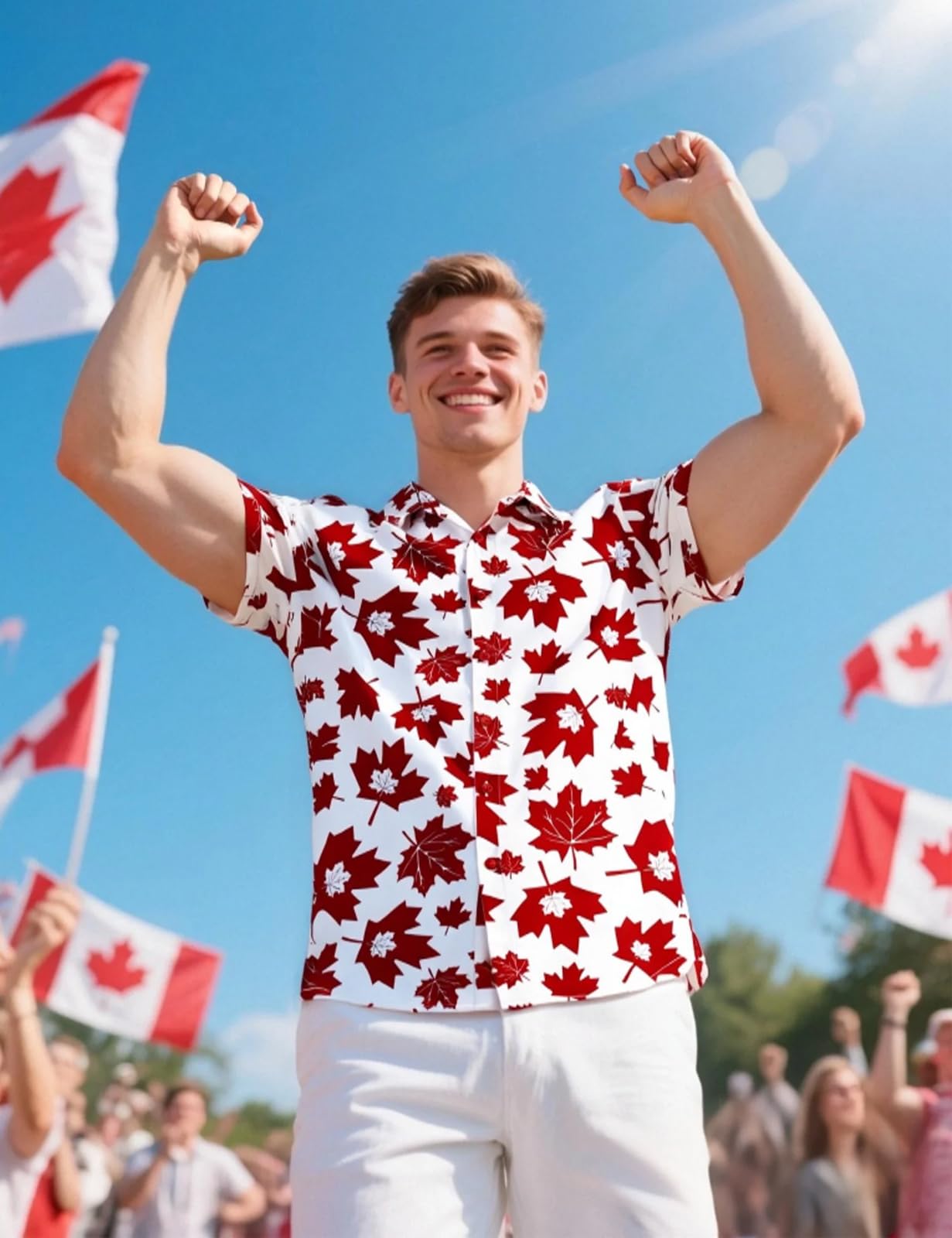 Fashonal Men's Canada Day Shirt Short Sleeve Hawaiian Maple Leaf Print Summer Shirt, White-RedMaple Size L