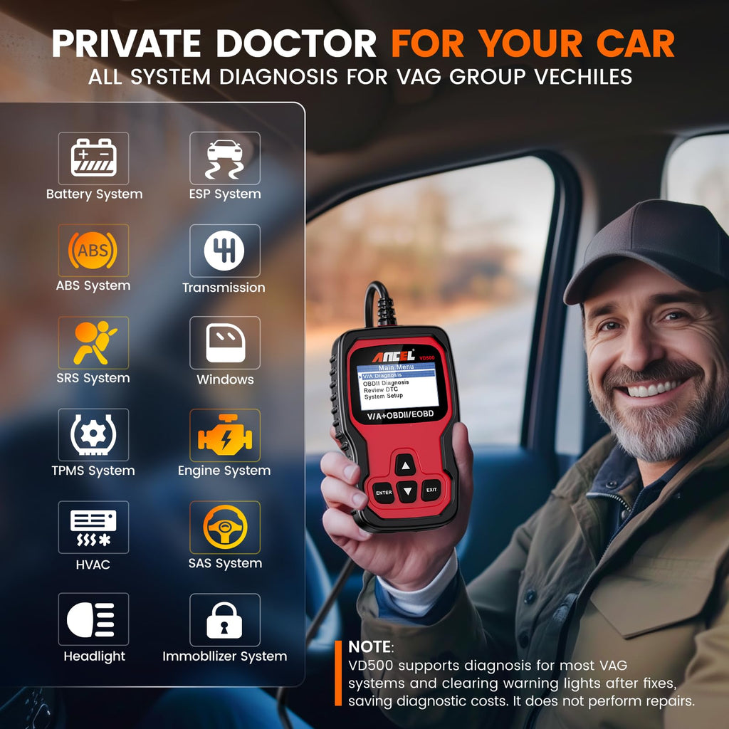 ANCEL VD500 OBD2 Scanner Diagnostic Tool for Volkswagen VW Audi Skoda Seat Diagnosis Check Engine Light EPB ABS SRS Code Reader Oil Throttle Position Adaption Brake Pad Reset