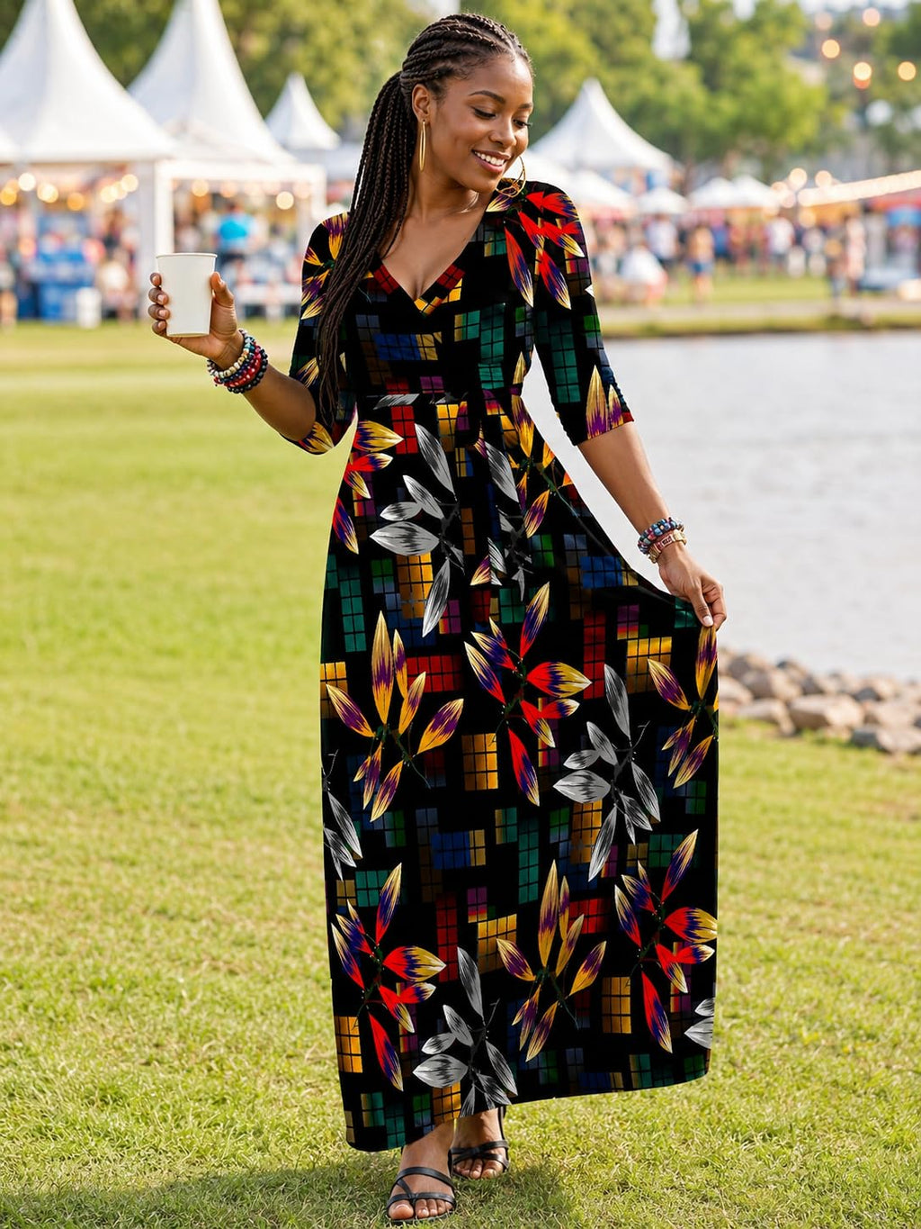 PinkPatty Sexy Maxi Dress for Women Chic Printed 3/4 Sleeve Evening Weeding Guest Dress with Pockets