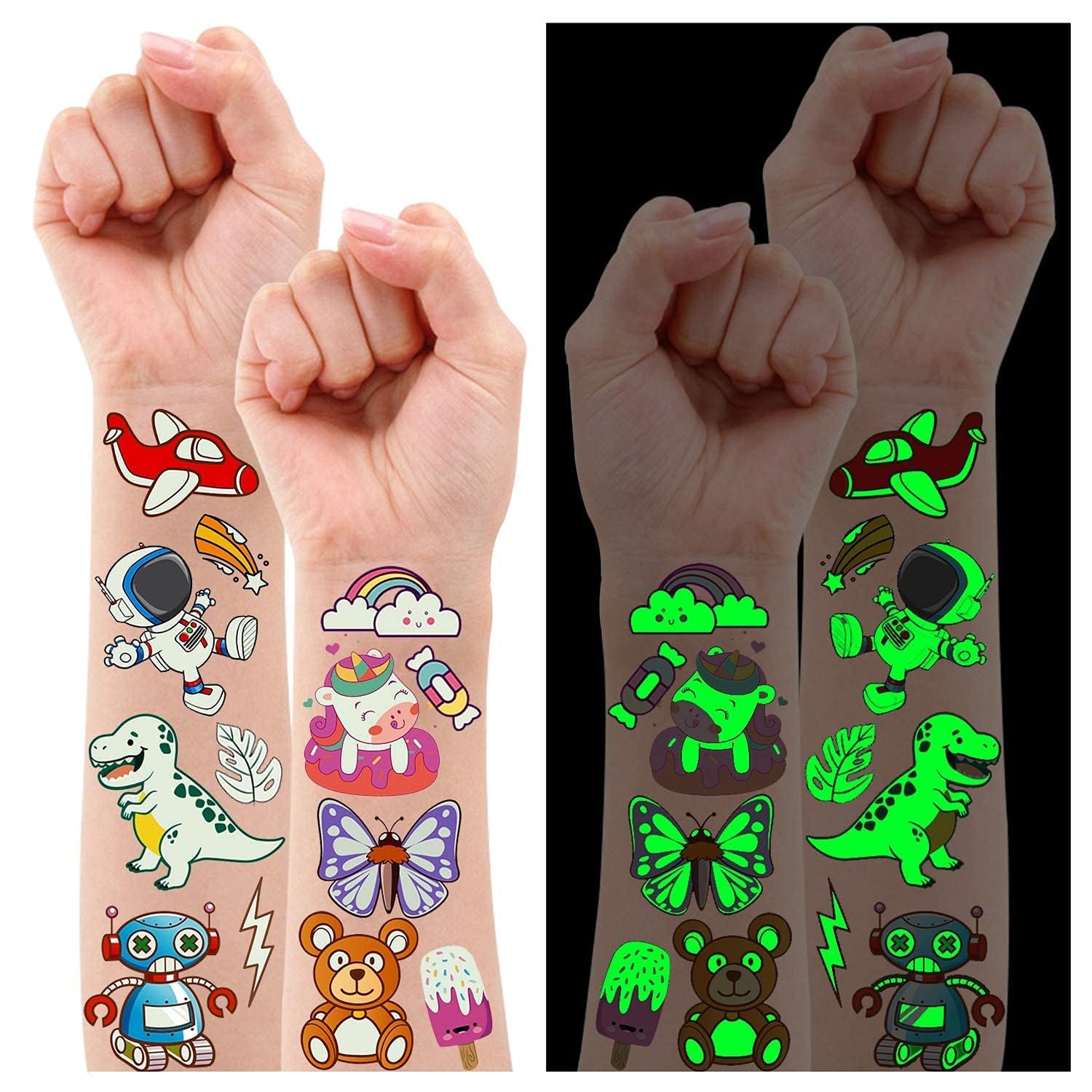 Partywind 380 Styles (30 Sheets) Luminous Tattoos for Kids, Mixed Styles Temporary Tattoos Stickers with Mermaid/Dinosaur/Space/Pirate for Boys and Girls, Glow Party Supplies