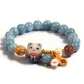 Lucky Cat Bracelet with Blue Crystal, Ceramic Cat Pendant, Feng Shui Good Luck Jewelry for Women, Wealth & Protection Bracelet