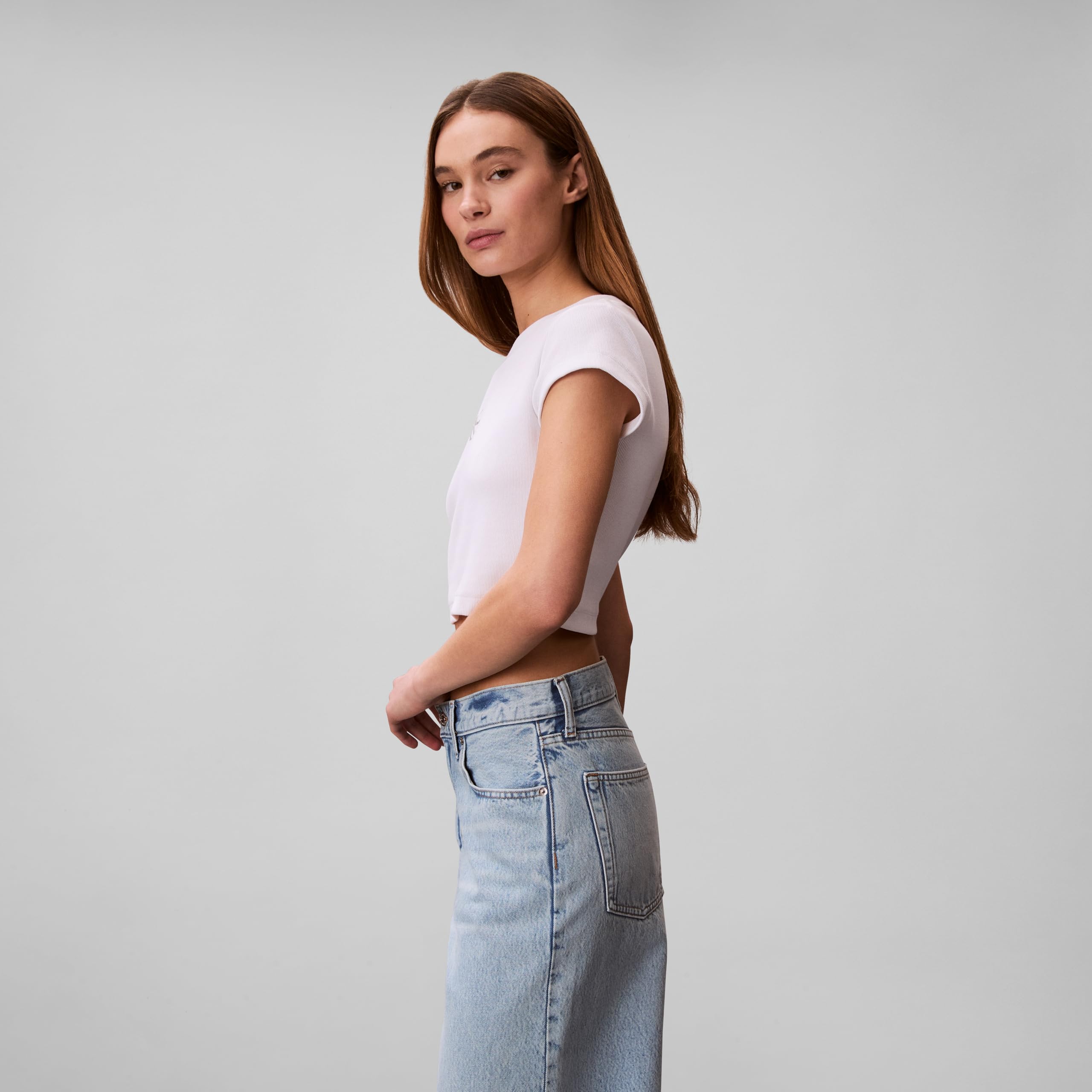 Calvin Klein Women's Monogram Logo Ribbed Baby Tee Brilliant White