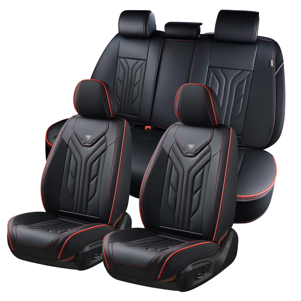 Coverado Seat Covers, Car Seat Covers Full Set, Leather Seat Covers for Cars, Automotive Seat Covers Car Seat Protector Car Accessories Fit for Most Sedans SUV Pick-up Truck(Black&Red)