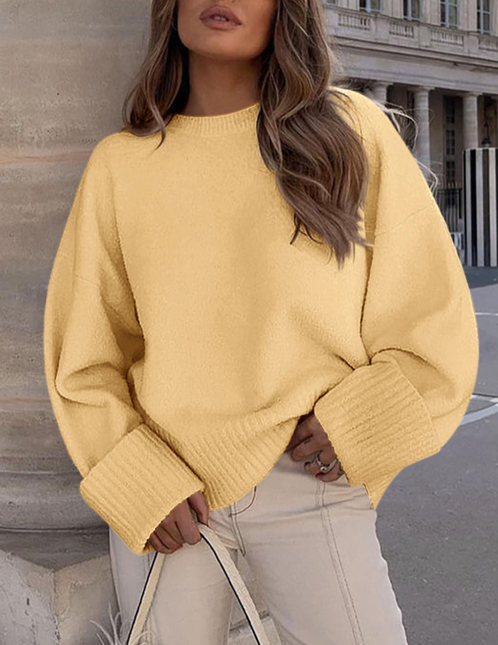 PRETTYGARDEN Women's Fall Oversized Sweaters Casual Crewneck Pullover Long Sleeve Fuzzy Chunky Knit Tops Blouse (Yellow,Small)