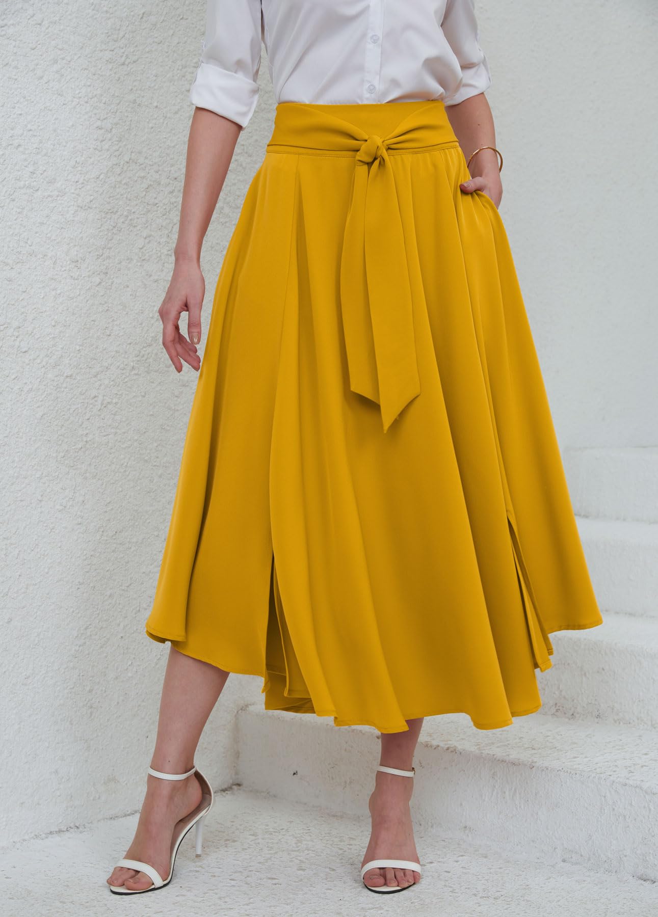 chouyatou Women's Elegant High Waisted Side Slit Irregular Bohemian Maxi Skirt with Pockets (Medium, Yellow)