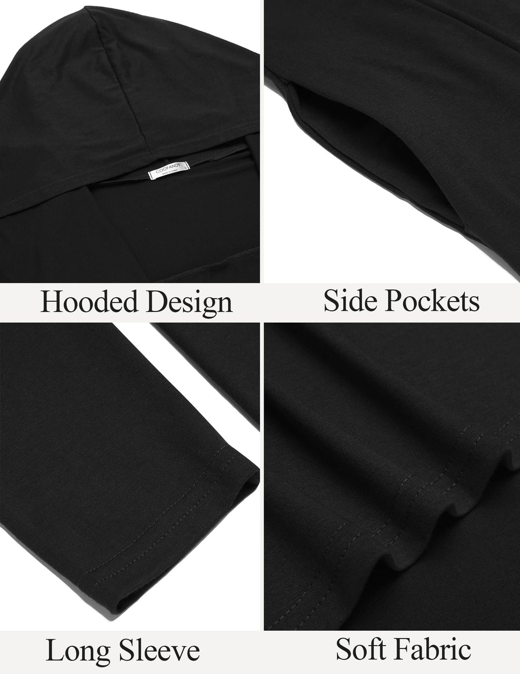 COOFANDY Men's Long Hooded Cardigan Ruffle Shawl Collar Open Front Lightweight Drape Cape Overcoat Pockets, Black, Large