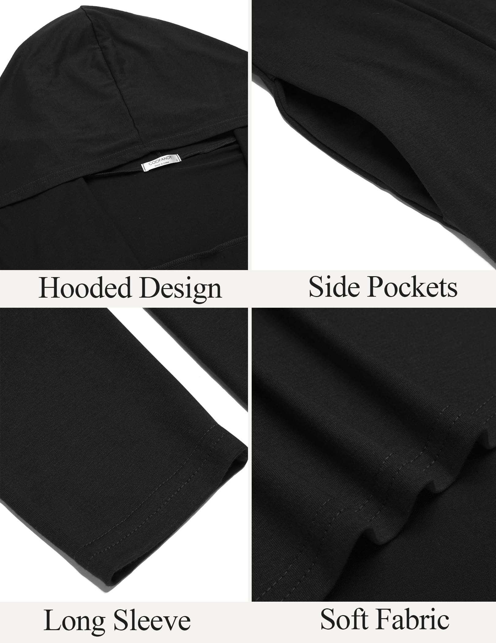 COOFANDY Men's Long Hooded Cardigan Ruffle Shawl Collar Open Front Lightweight Drape Cape Overcoat Pockets, Black, Large