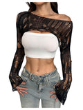WDIRARA Women's Off Shoulder Crochet Distressed Hollow Out Long Sleeve Bolero Shrug Pullover Crop Top Black Medium
