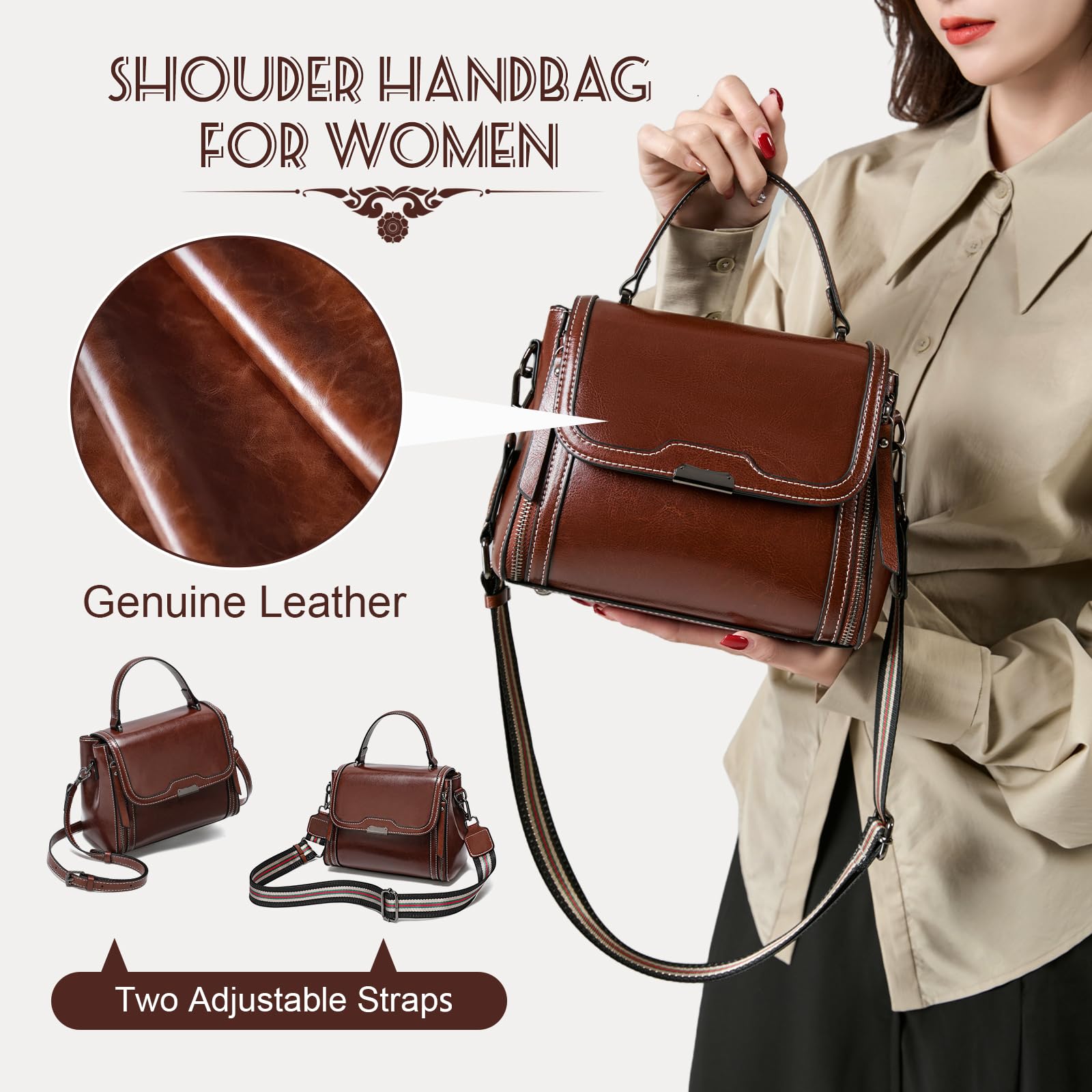 Solareer Waxed Leather Crossbody for Women, Top-Handbags Removable Shoulder Strap (Burnt Orange)