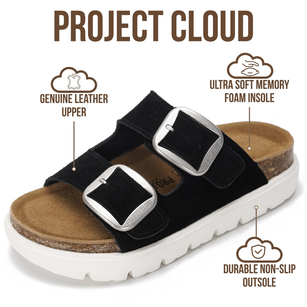 Project Cloud 100% Genuine Leather Platform Sandals Women Footwear - Wedge Chunky Slides for Women 2026 with Memory Foam Insole & Cork Footbed Womens Sandals (GreeceChunky)