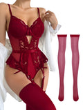 Lilosy Petite Sexy Stocking Lace Mesh Bodysuit Top Underwire Garter Lingerie Set One 3 Piece Bows Push Up Floral Sheer Women Teddy See Through Lenceria Burgundy Red 3X-Small