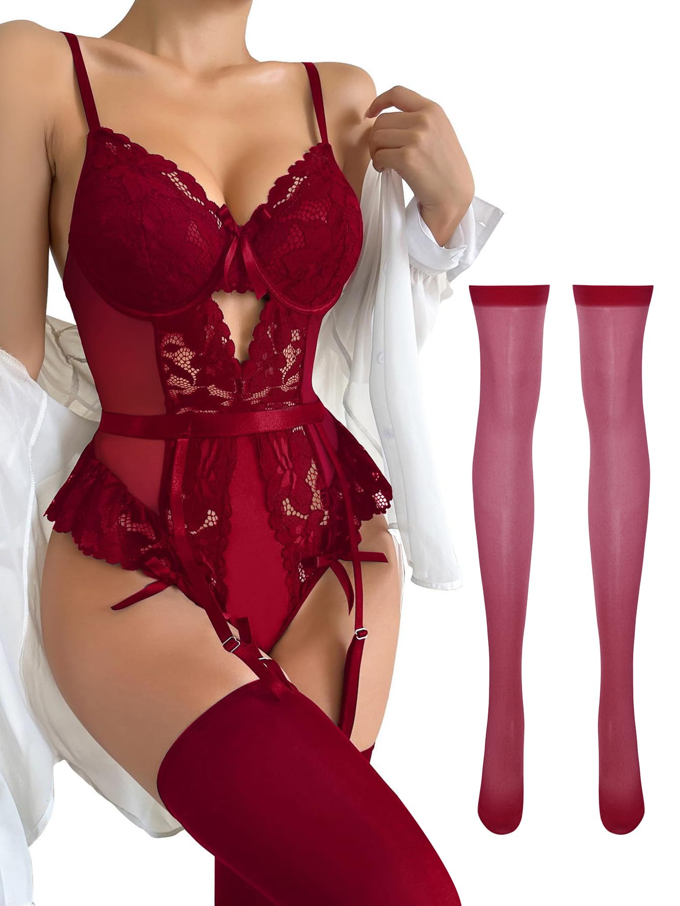 Lilosy Petite Sexy Stocking Lace Mesh Bodysuit Top Underwire Garter Lingerie Set One 3 Piece Bows Push Up Floral Sheer Women Teddy See Through Lenceria Burgundy Red 3X-Small