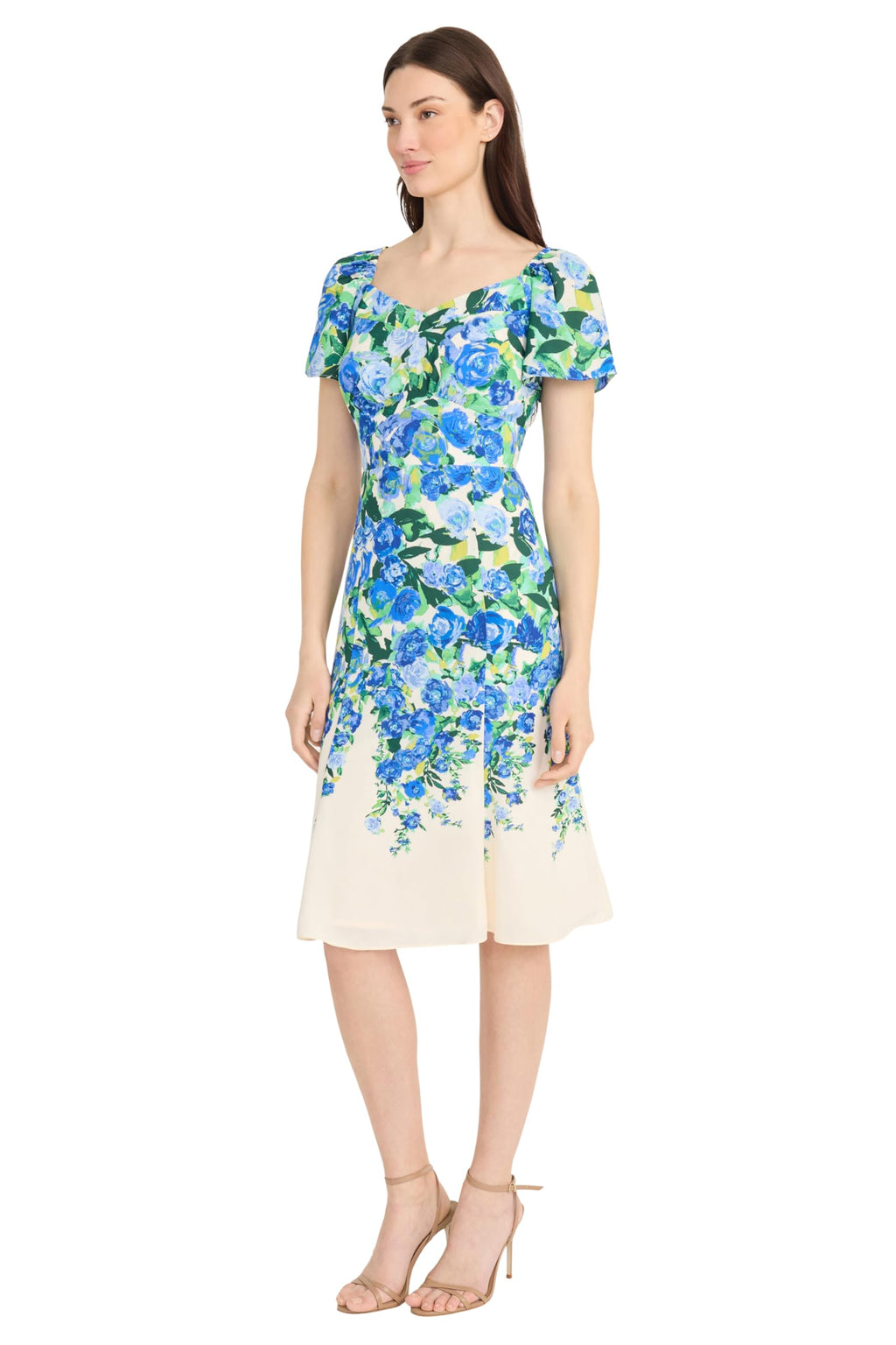 Maggy London Women's Dresses Sweetheart Neckline Floral Dress | Pretty Garden Dresses | Wedding Guest Dresses for Women, Cream/Blue Bonnet, 0