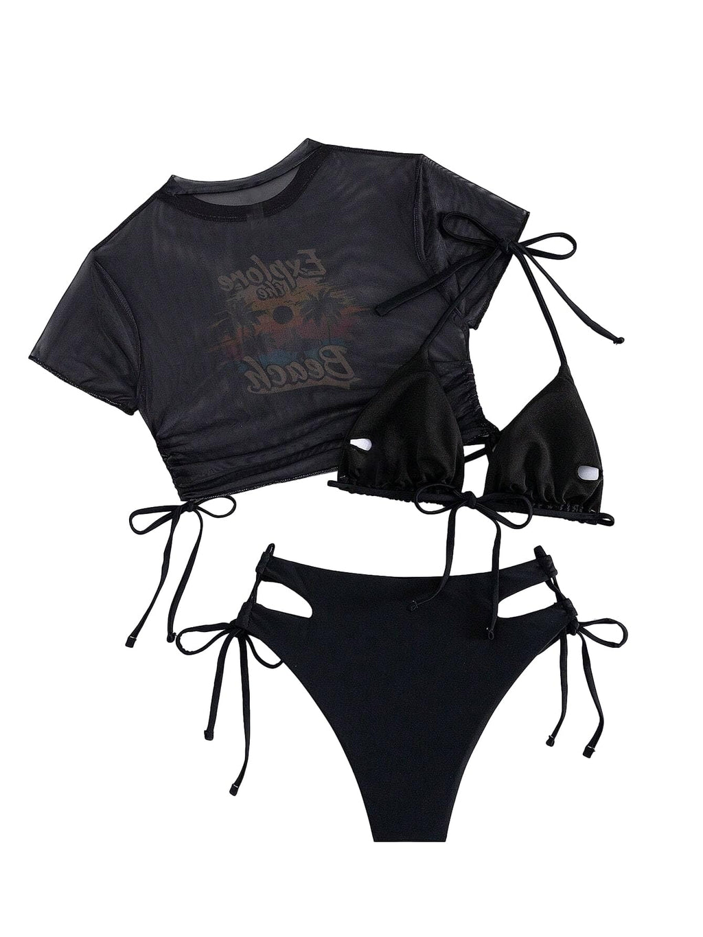 Lilosy Pattern Drawstring Tie Side Bikini Set Srting Swimsuit Short Sleeve Mesh Sheer Cover Up Halter Triangle Top and Cutout Bottom Beach 3 Piece Women Sporty Bathing Suit Black Medium