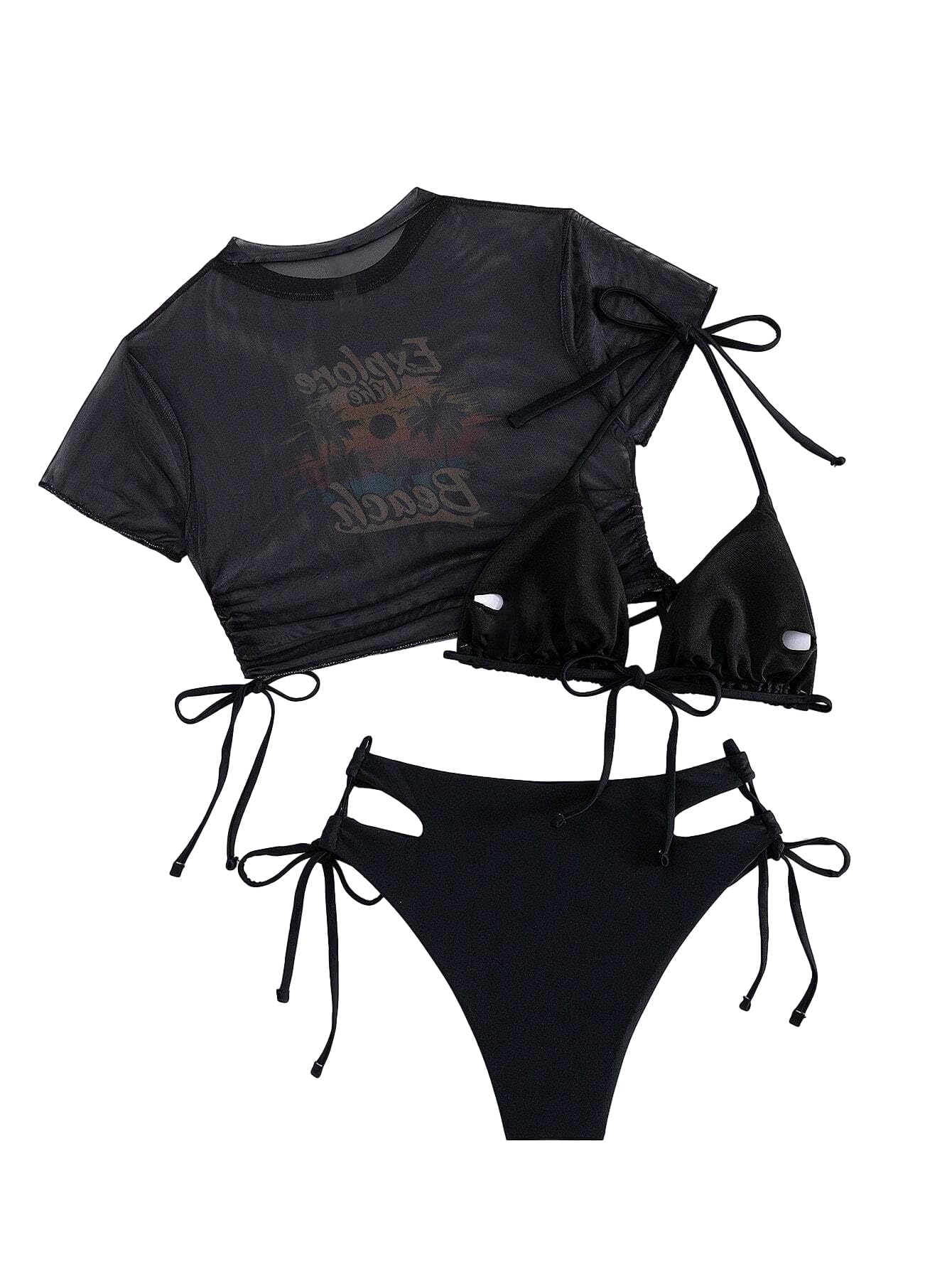 Lilosy Pattern Drawstring Tie Side Bikini Set Srting Swimsuit Short Sleeve Mesh Sheer Cover Up Halter Triangle Top and Cutout Bottom Beach 3 Piece Women Sporty Bathing Suit Black Medium