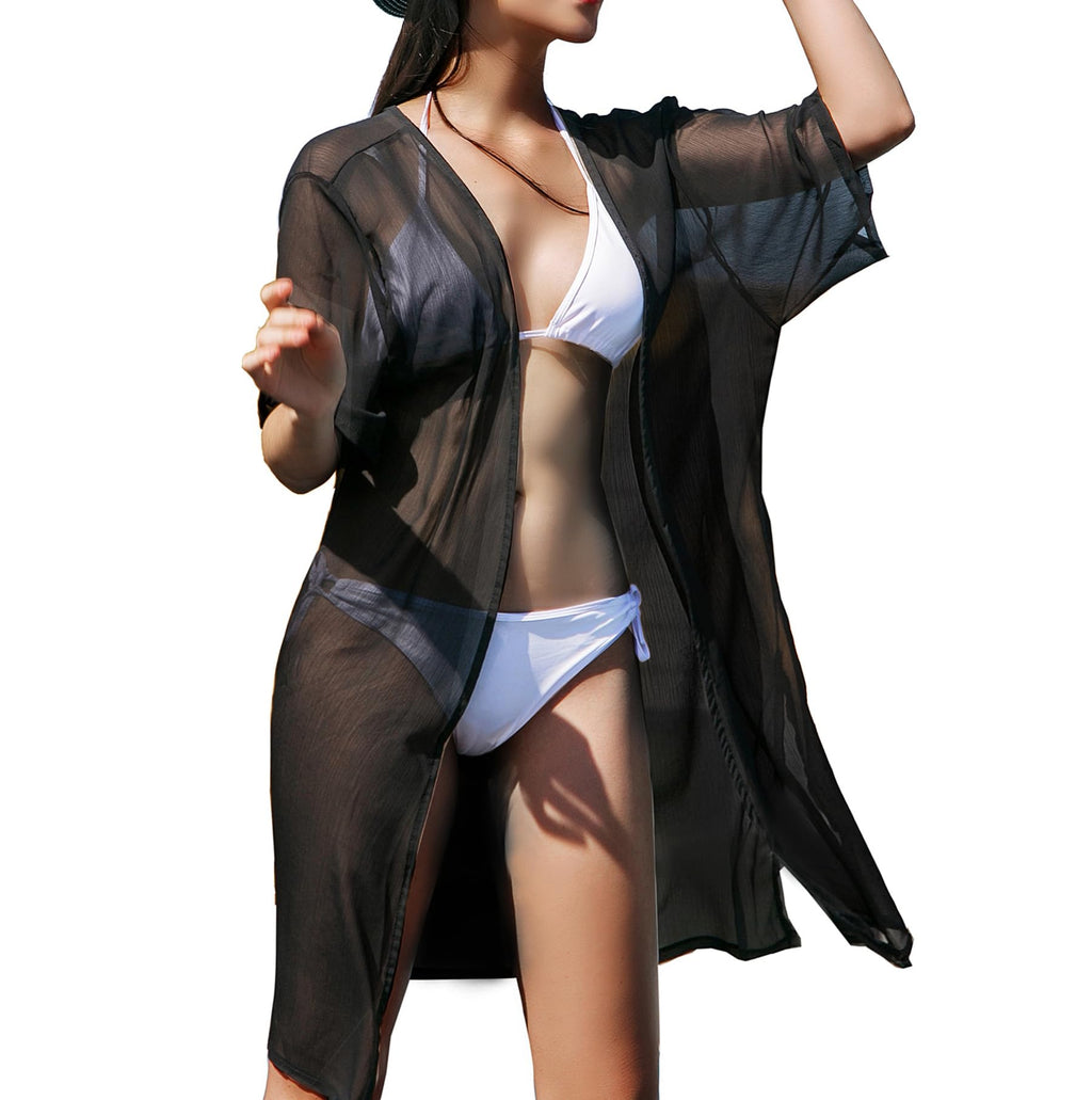 LA CARRIE Women's Chiffon Kimono Cardigan Cover Up with Half Sleeve Summer Sheer Beachwear Swimsuit for Bikini(Black)