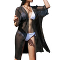 LA CARRIE Women's Chiffon Kimono Cardigan Cover Up with Half Sleeve Summer Sheer Beachwear Swimsuit for Bikini(Black)