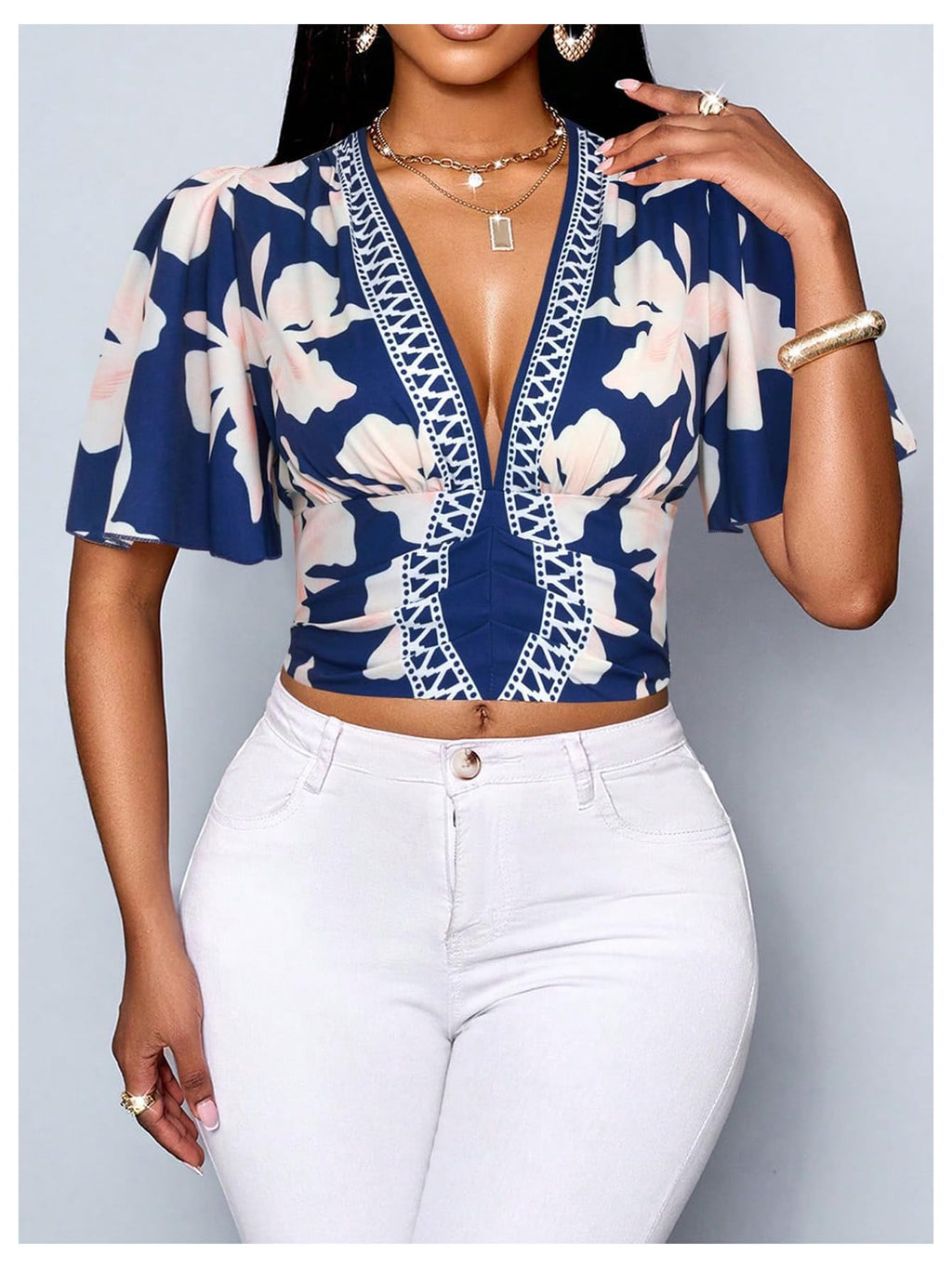 WDIRARA Women's Boho Printed Deep V Neck Short Sleeve Blouse Shirt Summer Casual Crop Tops Royal Blue