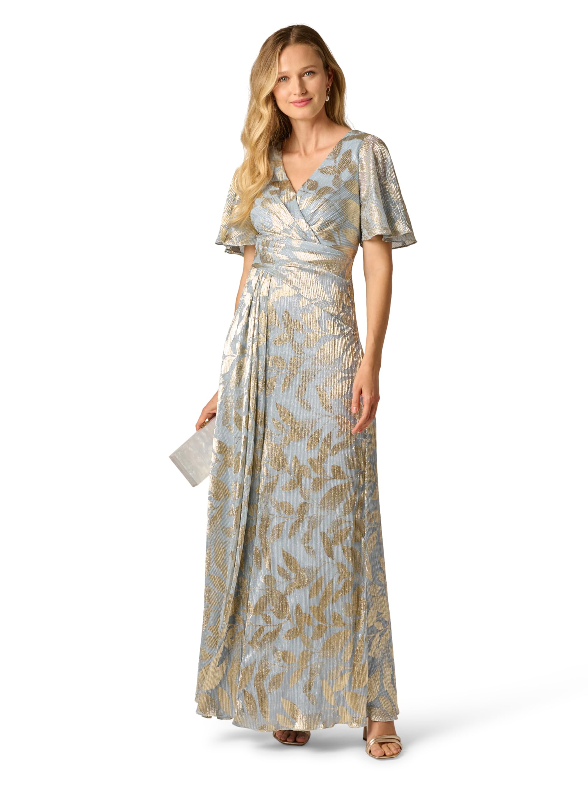 Adrianna Papell Women's Foil Leaf Draped Gown | Long Metallic Dress with Short Butterfly Sleeves & Front Leg Slit,Light Blue/Gold,4