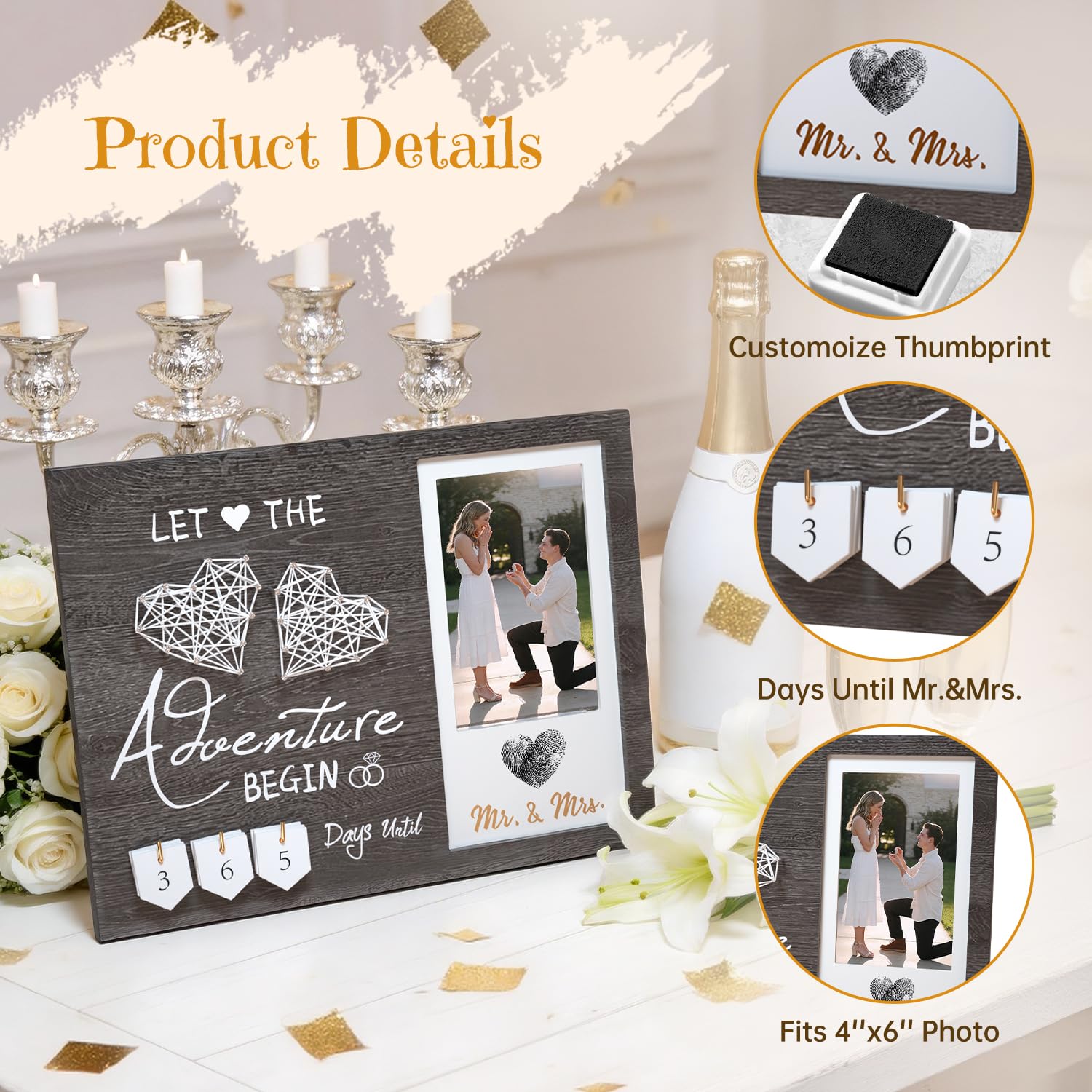 Inovayer Engagement Gifts for Couple, Wedding Countdown Heart Thumbprint Picture Frame and Ink Kit, Bride to be Gift, Cool Engagement Present for Her Women, Fiance Gifts