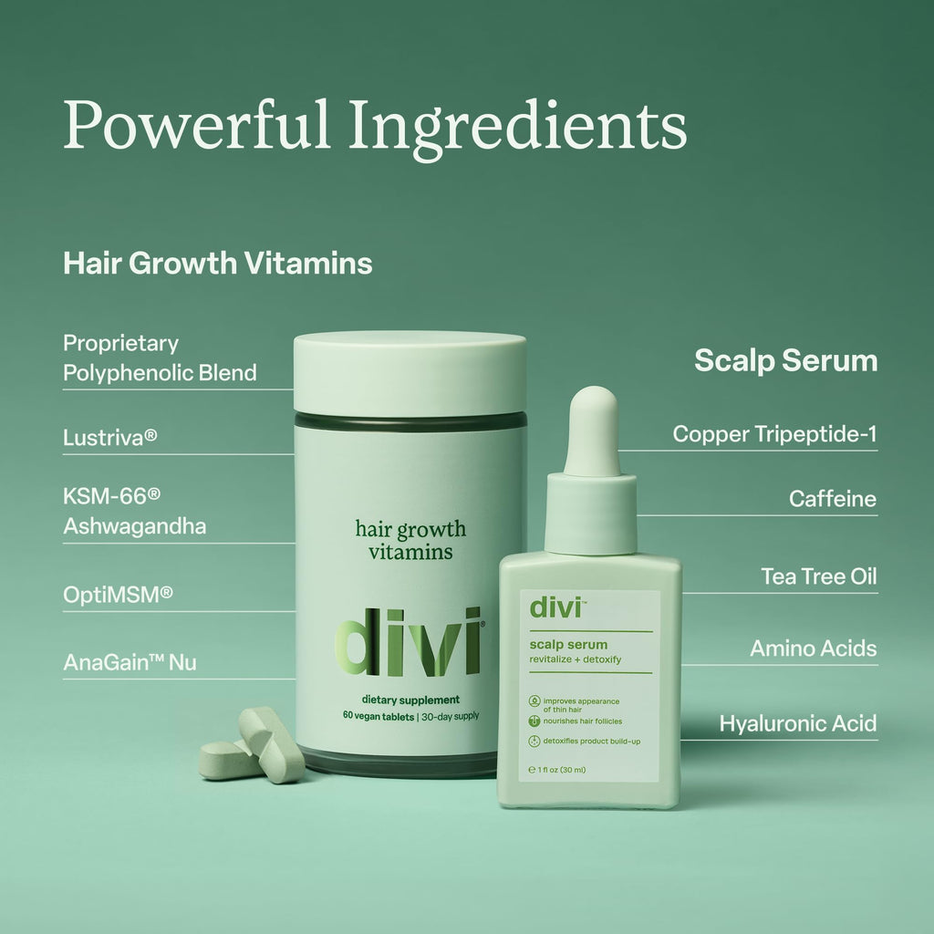 Divi Daily Growth System – Includes Scalp Serum (30ml) & Hair Vitamins (60 Count) – Targets Shedding, Supports Growth & Nourishes Follicles for Fuller, Thicker, Healthy-Looking, 2 Piece Set