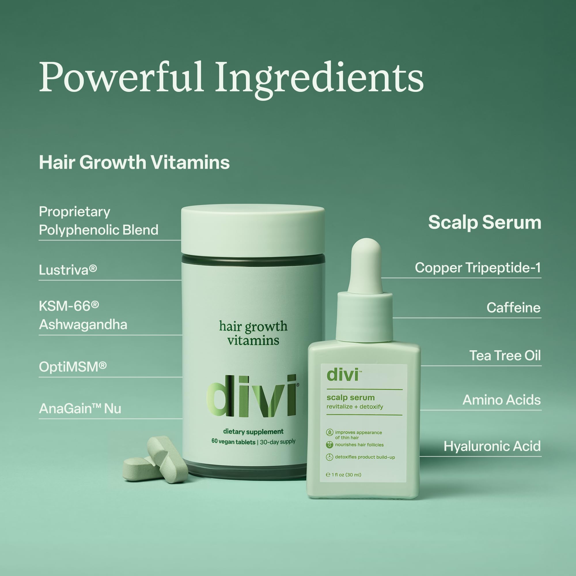 Divi Daily Growth System – Includes Scalp Serum (30ml) & Hair Vitamins (60 Count) – Targets Shedding, Supports Growth & Nourishes Follicles for Fuller, Thicker, Healthy-Looking, 2 Piece Set