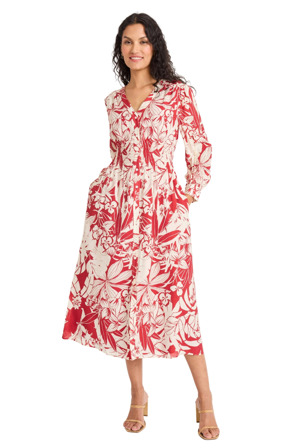 Maggy London - Women's Tropical Floral V-Neck Long Sleeve Midi Dress with Pockets for Wedding Guest & Spring Events - Small
