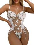 Lilosy Women Sexy Lace Up Butterfly Embroidered Teddy Babydoll Lingerie Bodysuit Top Mesh Sheer One Piece See Through Light Butterfly White Medium