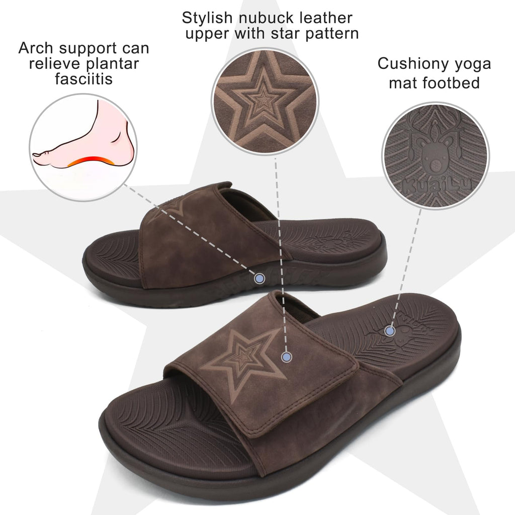 KuaiLu Mens Slides Soft Cushion Sport Sandals with Plantar Fasciitis Arch Support Adjustable Open Toe Summer Slippers Slip on Indoor Outdoor Sandalias Para Hombres, Dark Brown Size 8