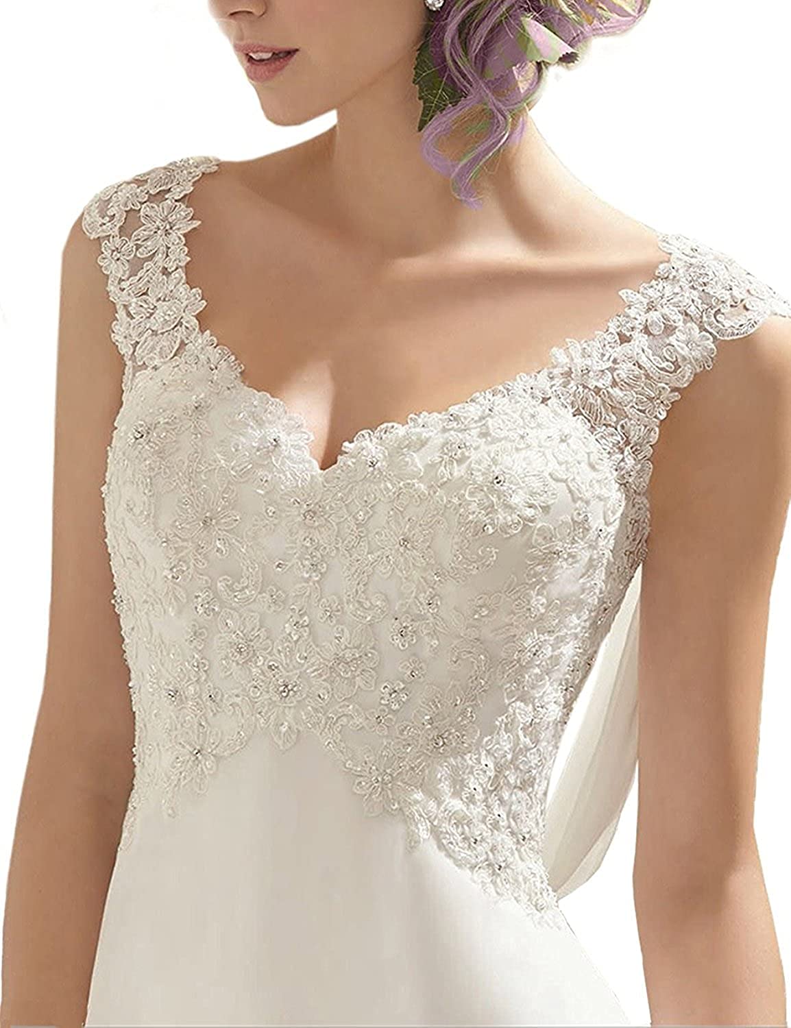 Abaowedding Women's Wedding Dress Lace Double V-Neck Sleeveless Evening Dress Off-White US 8