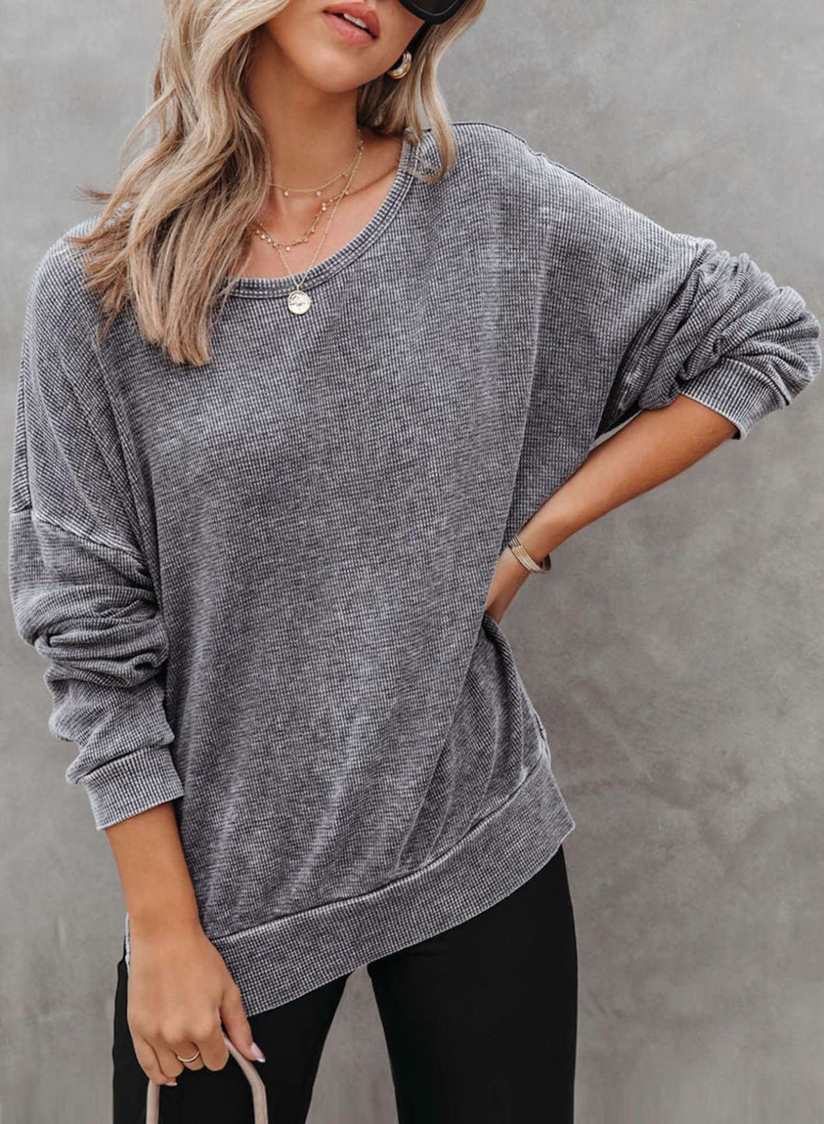 Dokotoo Women's Oversized Sweatshirt for Women Loose Fit Early Fall Fashion Waffle Knit Round Neck Womens Sweatshirts No Hood Long Sleeve Solid Color Shirt Lightweight Soft Tunic Tops Grey Medium