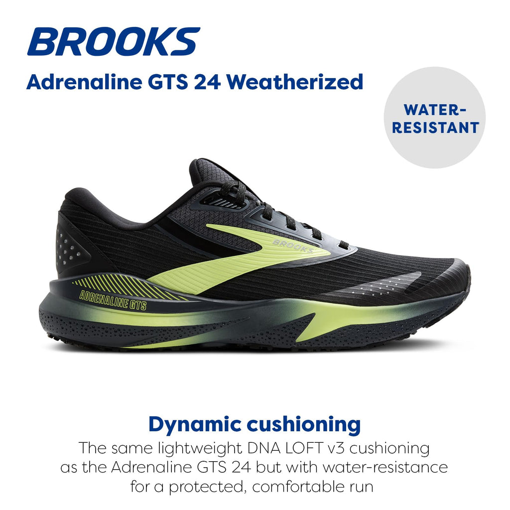Brooks Men’s Adrenaline GTS 24 Weatherized Supportive Running Shoe - Black/Ebony/New Yellow - 11 Medium