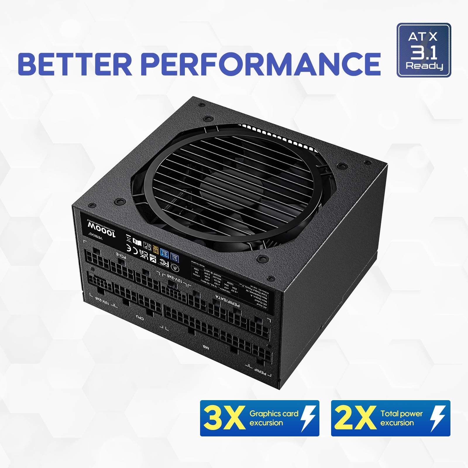 Vetroo 1000W Black Power Supply ATX 3.1 Ready Dual PCIe 5.1, 80 Plus Gold Full Modular, Eco Mode with 120mm FDB Fan, Compact Size, 10 Year Warranty for Gaming PC