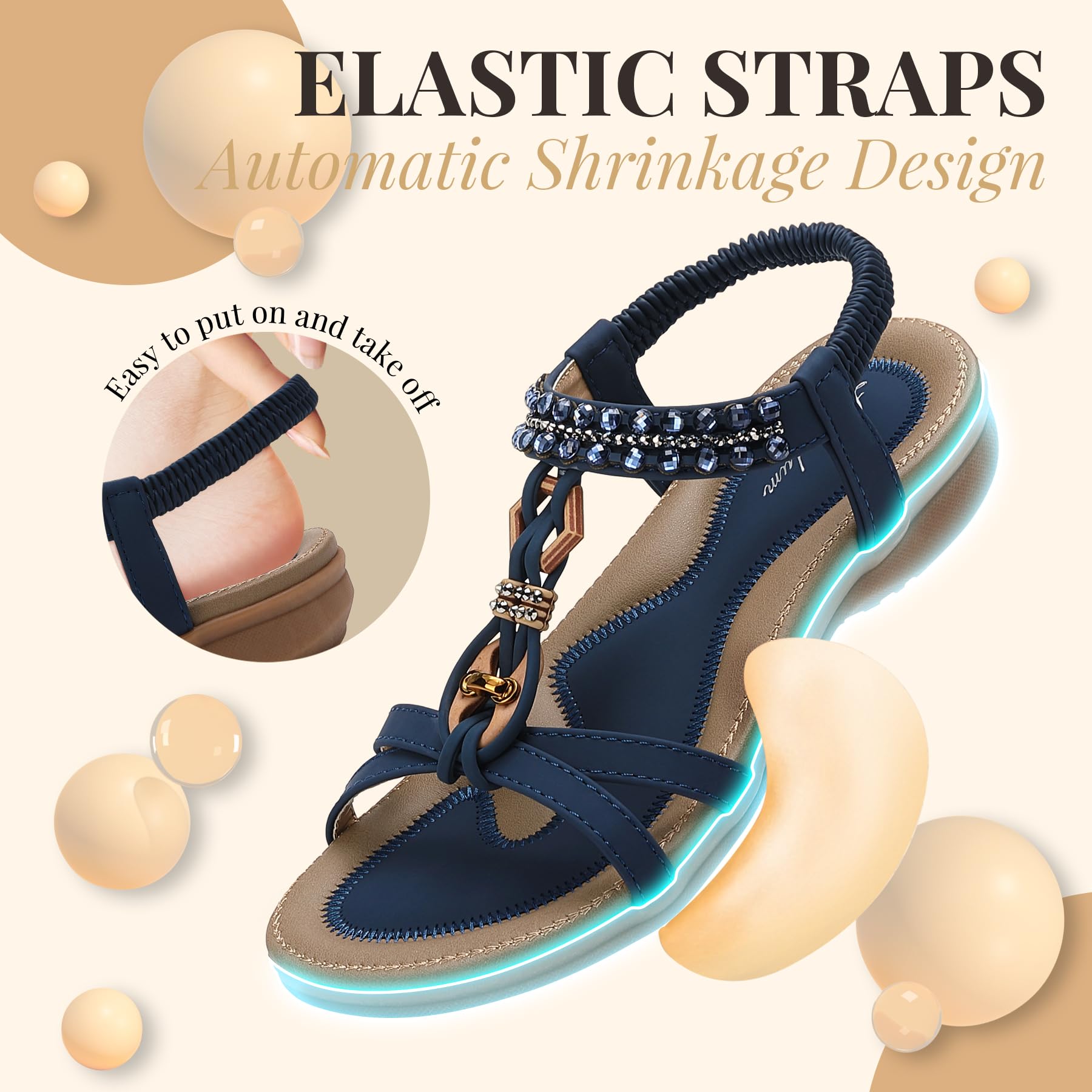 Littleplum Womens Sandals Arch Support Slingback Rhinestone Dressy Sandals Comfort Summer Shoes Ankle Strap Elastic Flats for Beach Walking Stylish Navy Blue Size 6