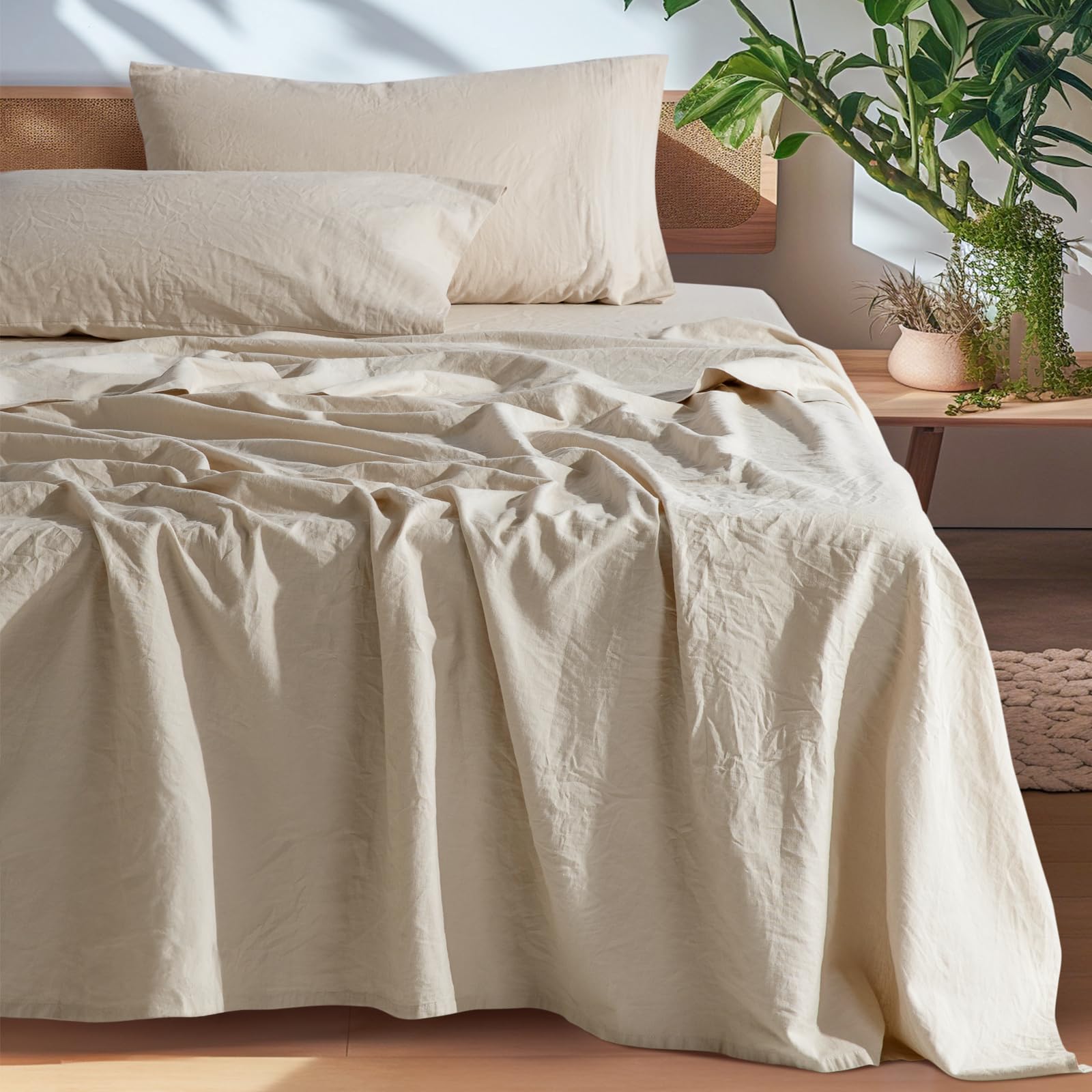 SONORO KATE 100% French Pure Linen Sheets, Breathable and Durable Linen King Size Sheets, Anti-Tear Linen Bed Sheets, Machine Washable, 16 Inch Deep Pocket - 4 Piece (Natural Linen, King)