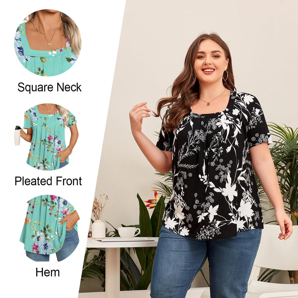 LONGYUAN Womens Tunic Tops 2025 Summer Casual Square Neck Shirts Print 2X-Large White Lily