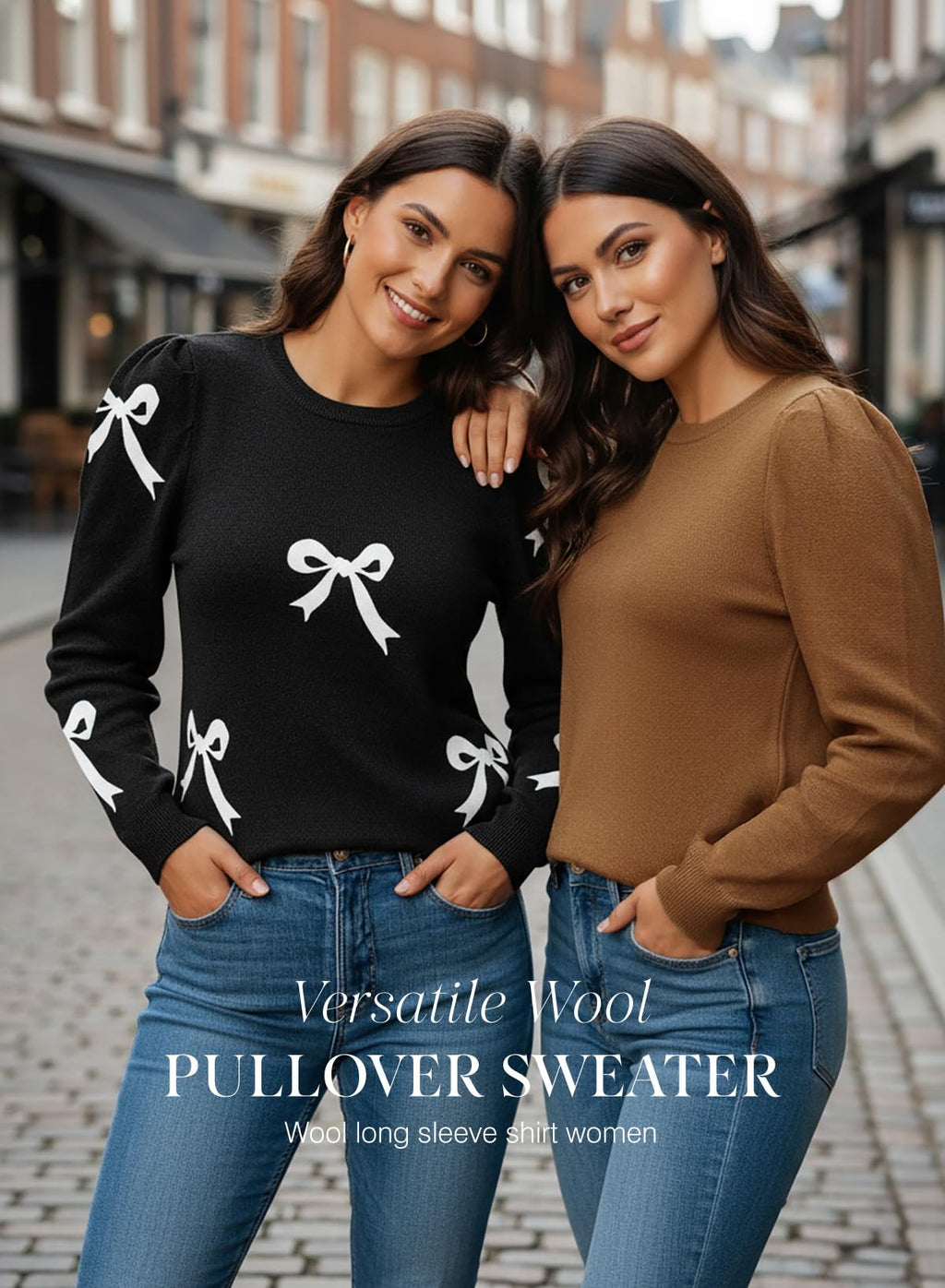 Dokotoo Womens Puff Long Sleeve Pullover Sweaters Striped Crew Neck 2025 Trendy Loose Knit Jumper Tops Comfy Cozy Ribbed Knit Sweaters Brown Large