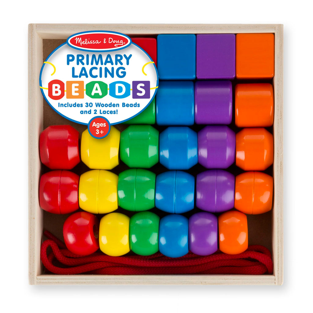 Melissa & Doug Primary Lacing Beads – 30 Wooden Beads for Crafts & 2 Laces in Toy Storage Box, Small Beads for Kids Arts and Crafts Kits, Preschool Learning Toys for Girls & Boys Ages 3+