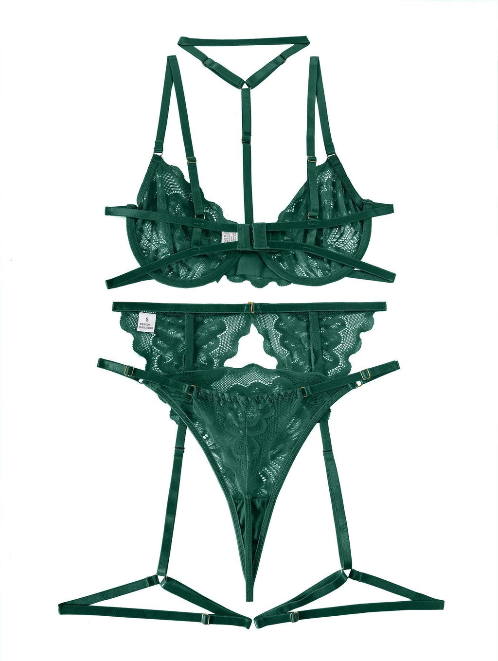 Lilosy Sexy Choker Floral Lace Scallop Sheer Underwire Push Up Garter Belt Lingerie Set 3 Piece for Women See Through Bachelorette Bra and Panty Army Green Medium