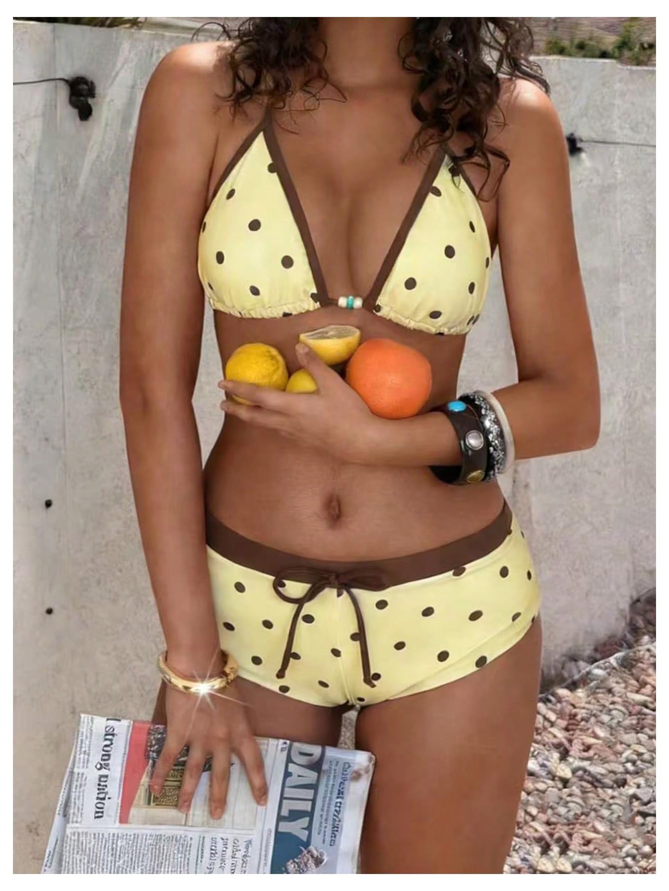 WDIRARA Women's Polka Dots 2 Piece Swimsuit Triangle Halter Bikini Set Boyshorts Bathing Suit Light Yellow Small