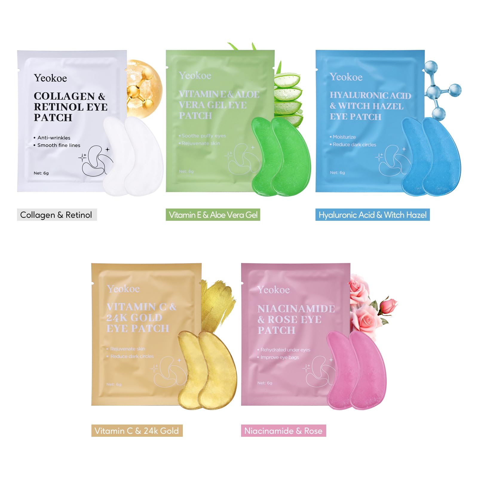Yeokoe Under Eye Patches for Dark Circles,Eye Mask for Puffy Eyes With Collagen,Retinol,Vitmin C,Hyaluronic Acid and Niacinamide Face Masks Skincare Spa Gifts for Woman 20Pairs