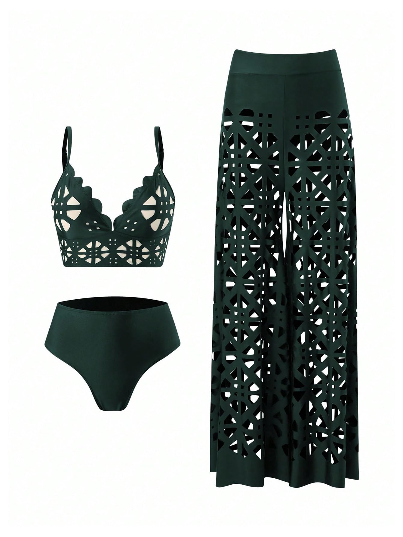 WDIRARA Women's 3 Piece Swimsuit Hollow Out Bikini Set with Cover Up Pants Green Large