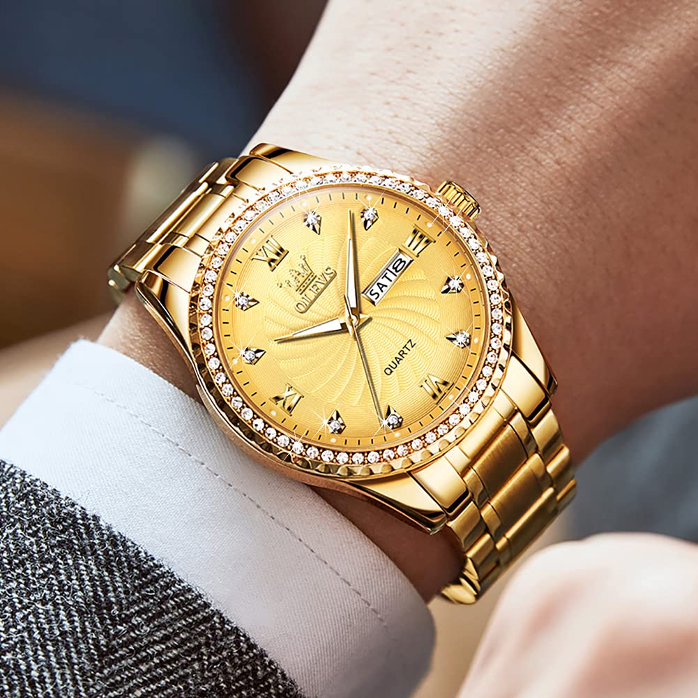 OLEVS Men Gold Watches Luxury Diamond Stainless Steel Large Watches Business Dress Waterproof Luminous Date Wrist Watch for Men