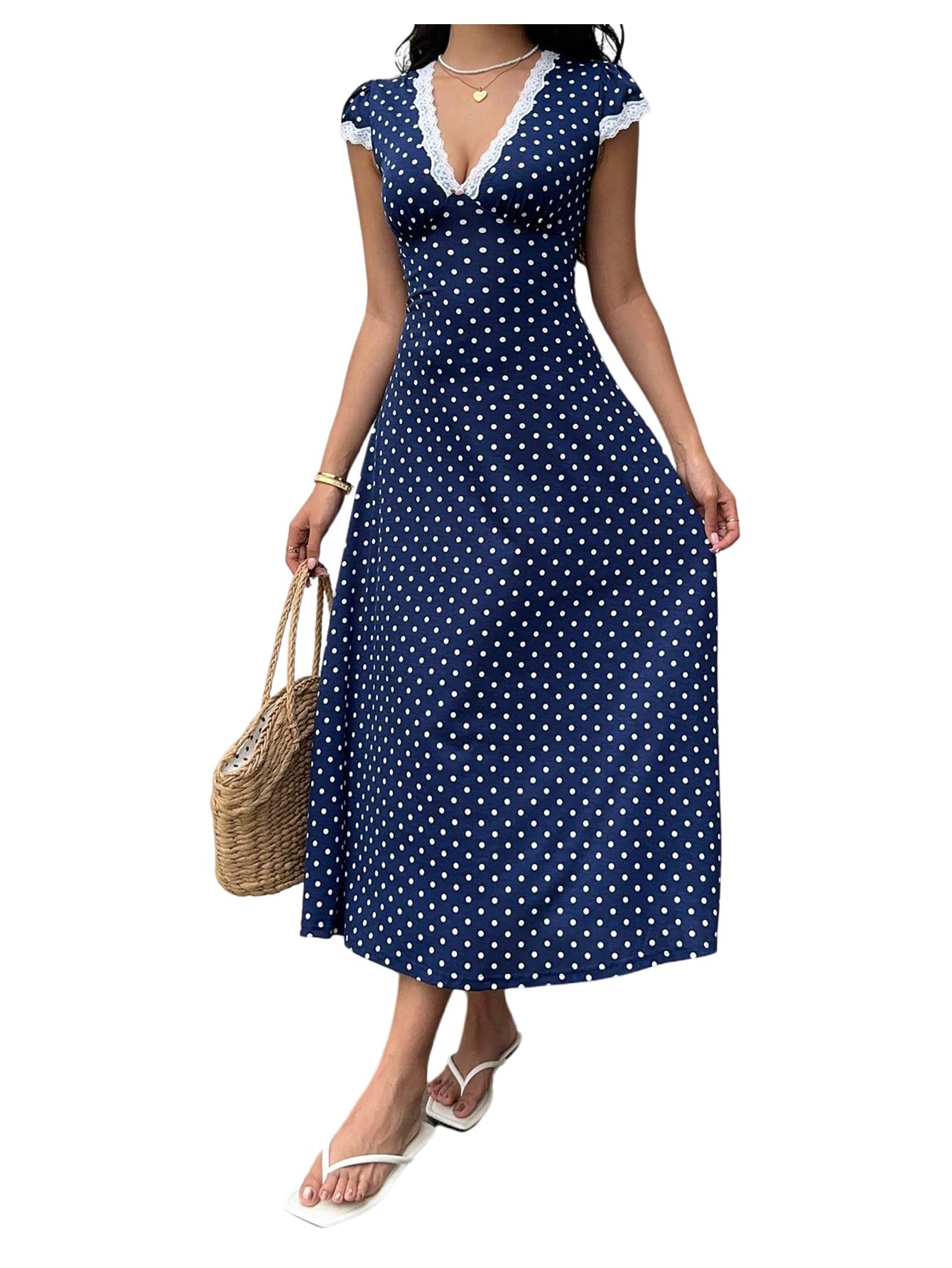 Milumia Women's Polka Dots Lace Trim Deep V Neck Dress Short Sleeve Flared Long Dresses Dark Blue XX-Small