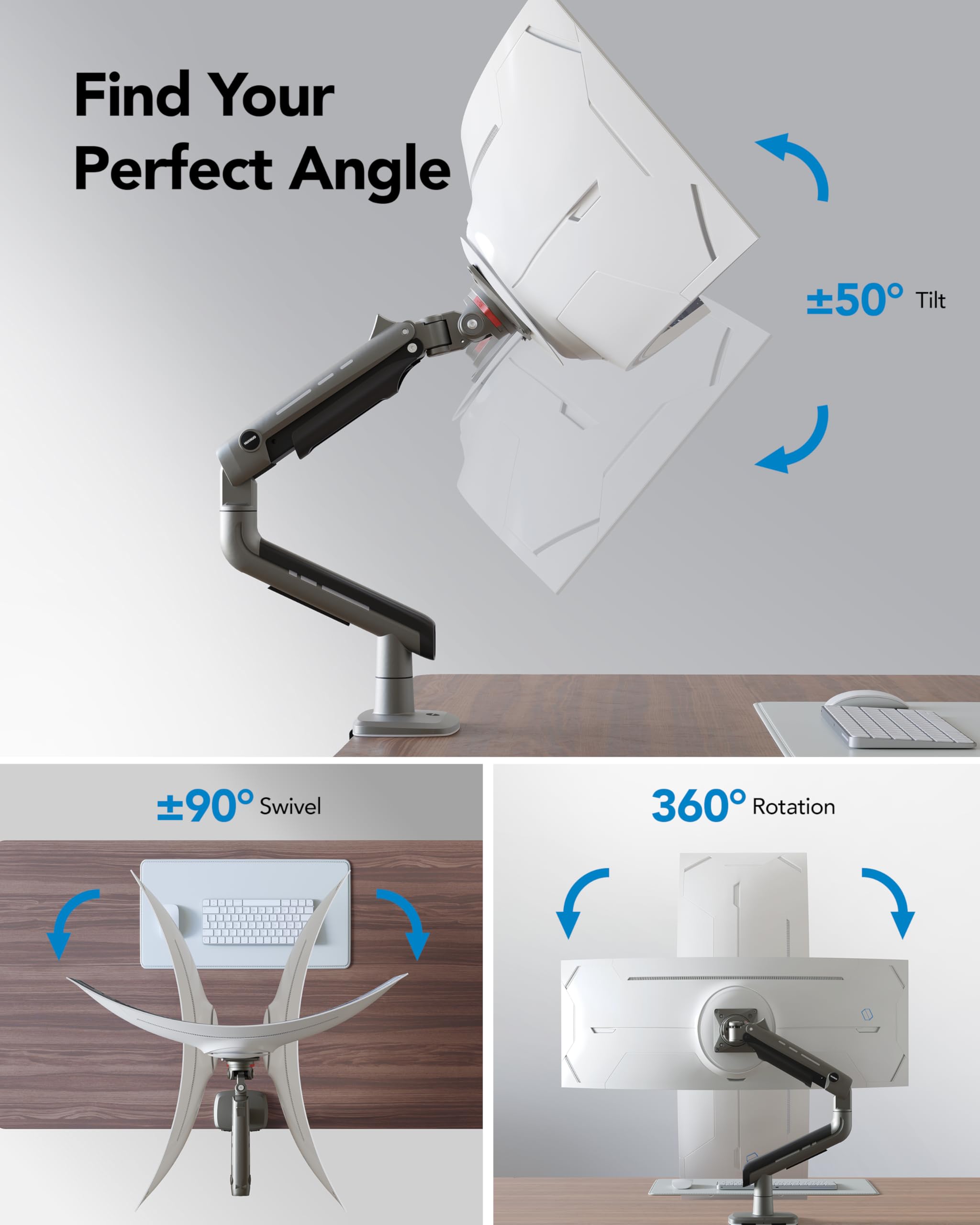 HUANUO TitanLift Heavy Duty Monitor Arm for Screens up to 49", Holds 44 lbs, Aluminum Ultrawide Screen Desk Mount, Fully Adjustable Single Gaming Monitor Mount with Dual C-Clamp, Max VESA 100x100mm
